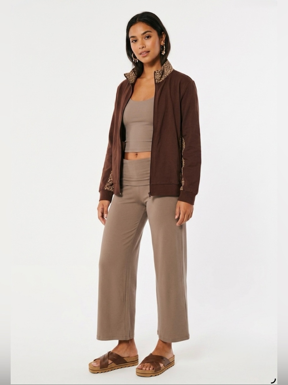 Anthony Richards Full Zip Sweatshirt Jacket Leopard Print Brown Women XLP Petite